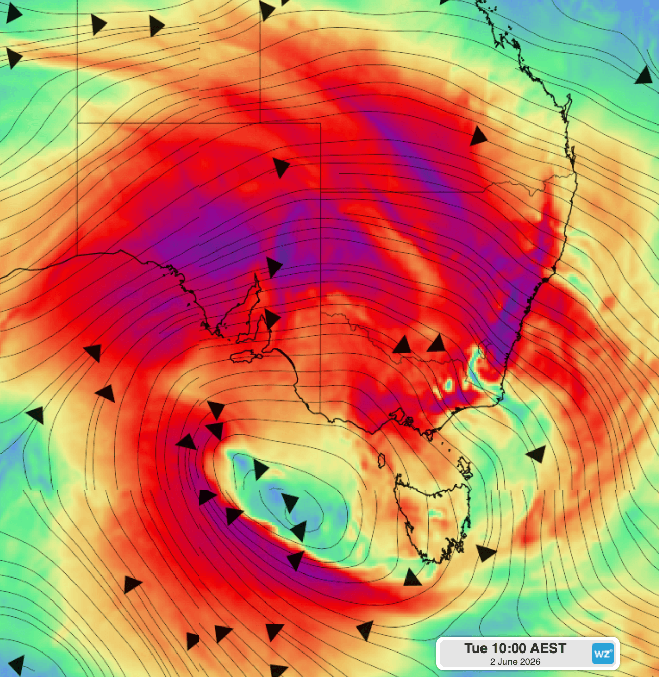 Image: 850 hPa winds across SE Australia at 10am (AEST) on Tuesday, June 2, 2026. Source: Weatherzone