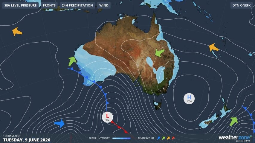 Image: A passing cold front will bring strong winds, heavy rain and thunderstorms for much of southeast WA.. Source: Weatherzone