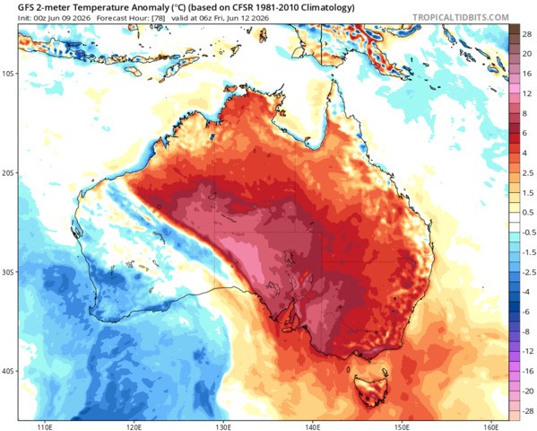 Image: Predicted Australian temperature anomalies at 4pm (AEST) on Friday, June 12, 2026. Source: Tropical Tidbits