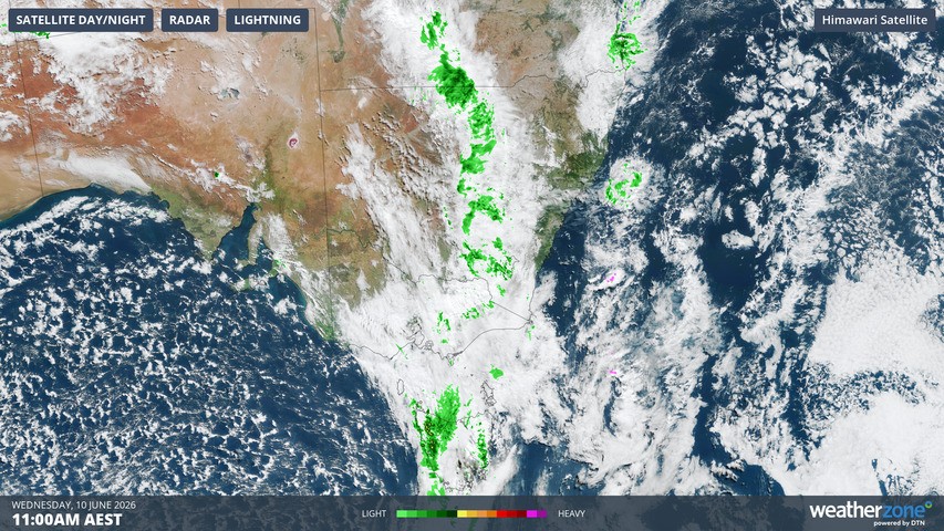 Image:  Combined satellite and radar image over SE Australia at 11 am (AEST) on Wednesday, June 10, 2026. Source: Weatherzone