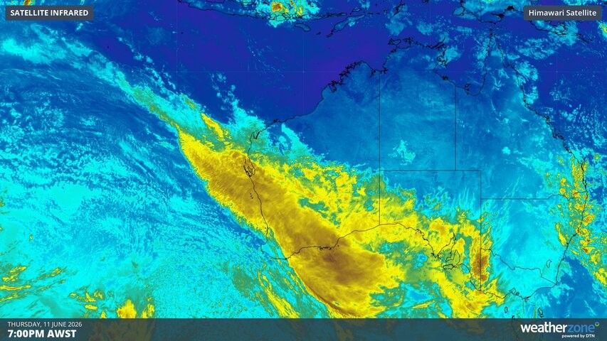 Image: Enhanced infrared satellite image showing a northwest cloudband developing over WA on Thursday, June 11, 2026. Source: Weatherzone.