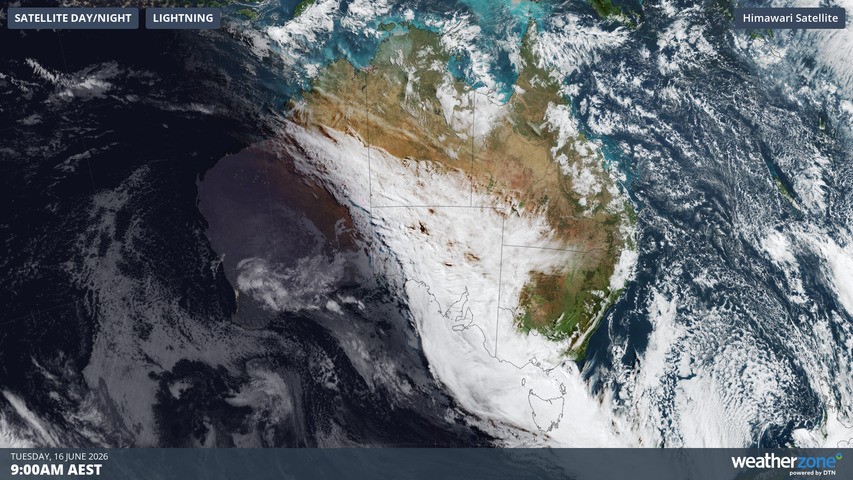 Image: Satellite image of the northwest cloudband across Australia at 9 am (AEST) on Tuesday, June 16, 2026. Source: Weatherzone
