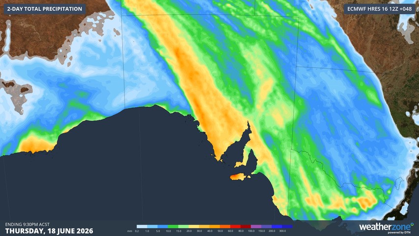 Image: Forecast accumulated rain during Wednesday and Thursday combined. Source: Weatherzone.