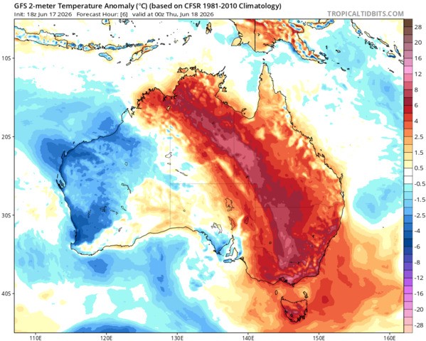 Image: Temperature anomalies across Australia at 8 am (AEST) on Thursday, June 18, 2026. Source: Tropical Tidbits