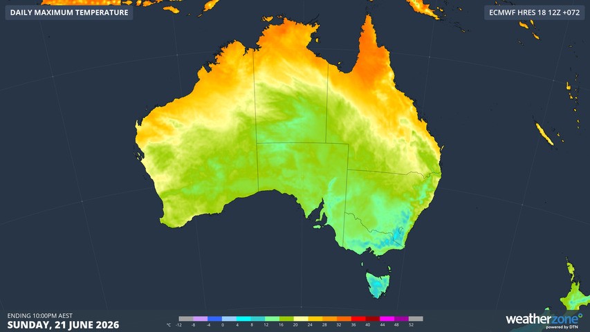 Image: Forecast Australian maximums for Sunday, June 21, 2026, according to the ECMWF model. Source: Weatherzone