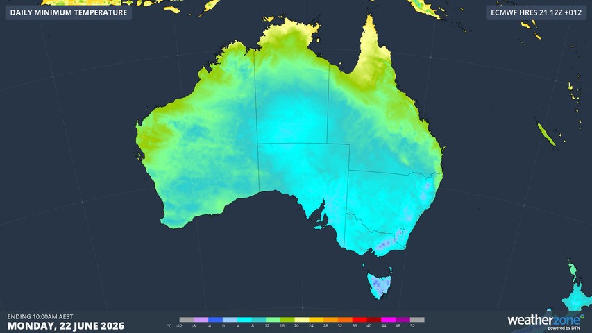 Image: Minimum temperatures across Australia on Monday, June 22, 2026. Source: Weatherzone