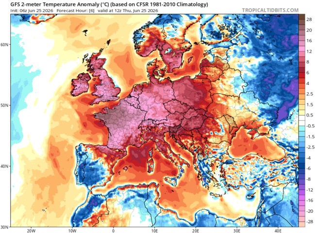 Image: Modelled air temperature anomaly at 12:00pm UTC on Thursday, June 25, 2026. Source: TropicalTidbits.com.