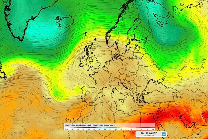 Image: 500 hPa temperature and wind showing an omega block over Europe on Thursday, June 27, 2026. Source: Weatherzone.