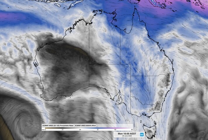 Image: Precipitable water and 850 hPa wind at 4 pm AEST on Monday, June 29, 2026. Source: Weatherzone.