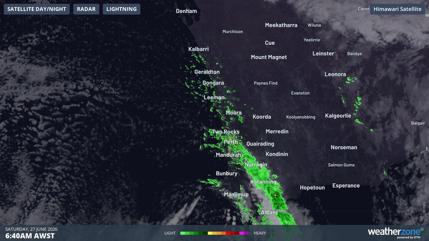 Image: Satellite and radar animation showing widespread showers sweeping across southwest WA into Saturday morning. Source: Weatherzone