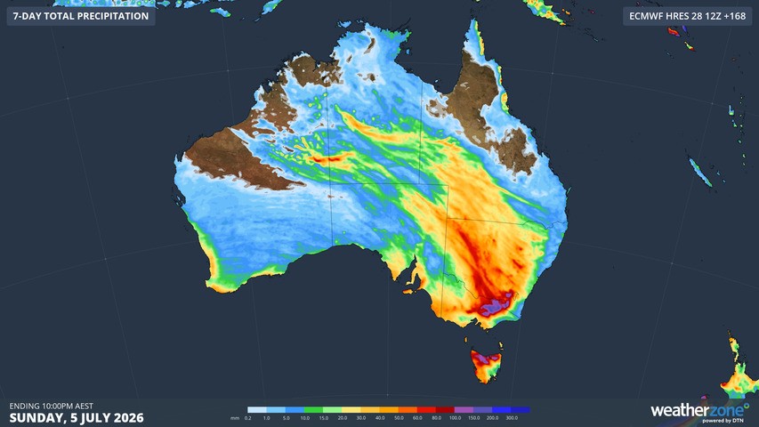 Image: Forecast accumulated rain this week (June 29 to July 5, 2026). Source: Weatherzone.