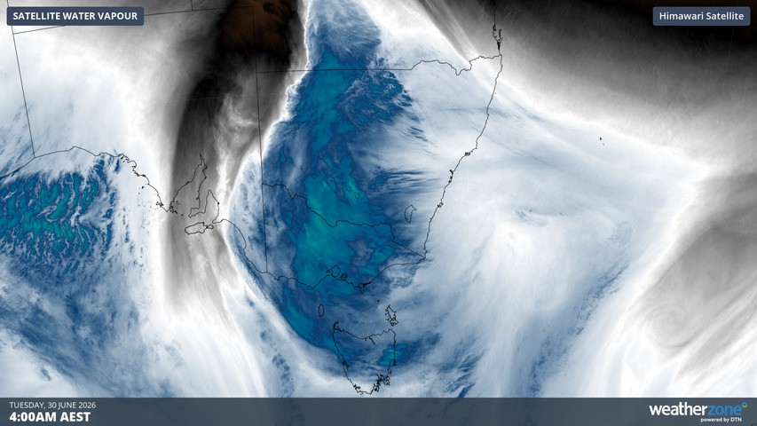 Image: Enhanced atmospheric water vapour image for SE Australia early on June 30, 2026. Source: Weatherzone