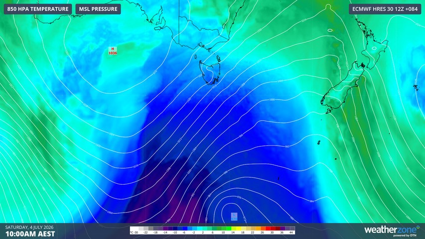 Image: Predicted mean sea level pressure and 850 hPa temperatures for southern Australia and waters south of Tasmania at 10 am (AEST) on Saturday, July 4, 2026, according to the ECMWF model. Source: Weatherzone