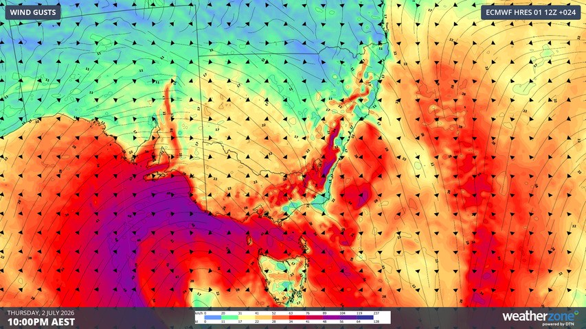 Image: Forecast wind gusts for SE Australia at 10 pm (AEST) on Thursday, July 2, 2026. Source: Weatherzone