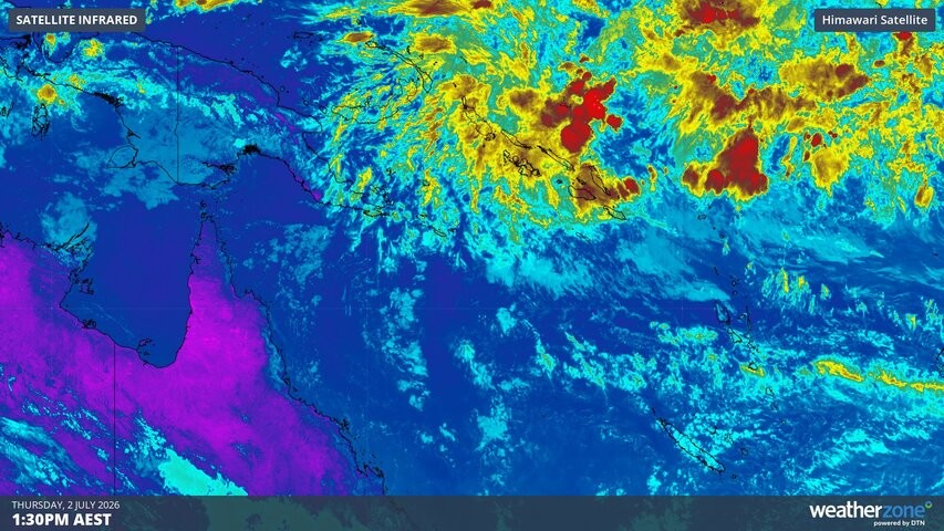 Image: Enhanced infrared satellite image showing clouds near the Solomon Islands on Thursday. Source: Weatherzone.