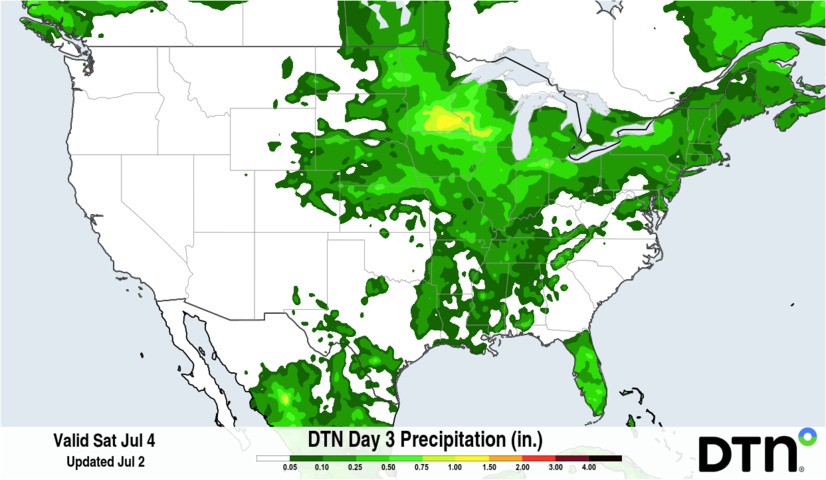 Image: Rainfall forecast for the Fourth of July, 2026. Source: DTN.