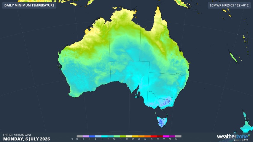 Image: Minimum temperatures across Australia on Monday, July 6, 2026. Source: Weatherzone