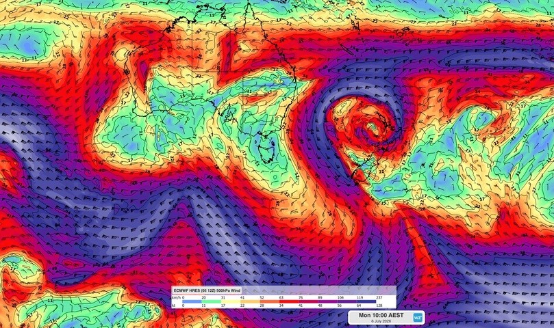 Image: 500 hPa wind at 10 am AEST on Monday, July 6, 2026. Source: Weatherzone.