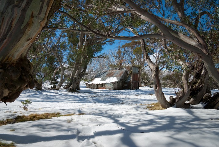 Image: Wallaces Hut on Victoria's Bogong High Plains in a previous July with a similarly light snowpack to early July, 2026. Source: iStock/photosbyash