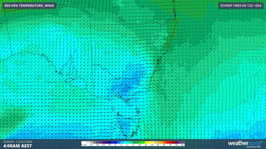 Image: 850hPa temperatures and winds for southeastern Australia at 4 am (AEST) on Sunday, July 12, 2026. Source: Weatherzone