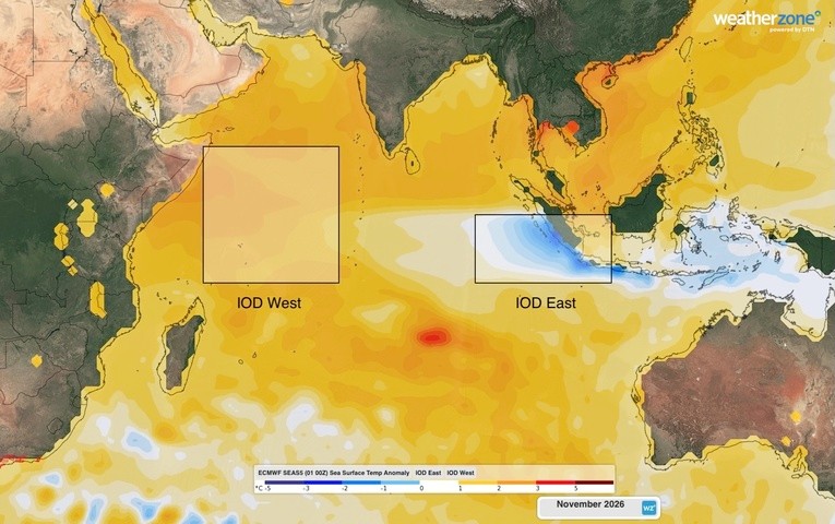 Image: Forecast sea surface temperature anomalies in the Indian Ocean during November 2026. Source: Weatherzone.