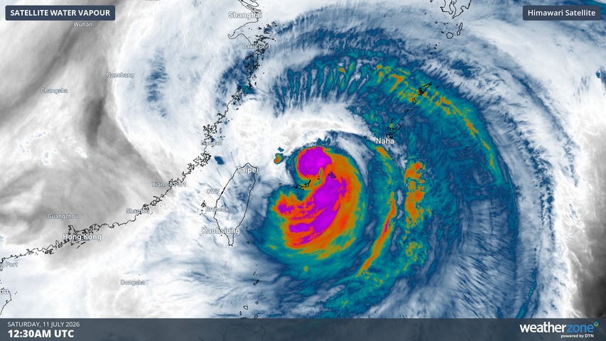 Image: Water vapour imagery of Typhoon Bavi crossing the Sakishima Islands this morning. Source: Weatherzone