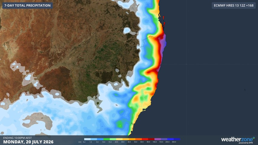 Image: Predicted rainfall for the northern NSW coastline and adjacent areas up until 10 pm (AEST) on Monday, July 20, 2026. Source: Weatherzone