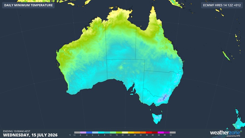 Image: Minimums across Australia on the morning of Wednesday, July 15, 2026. Source: Weatherzone