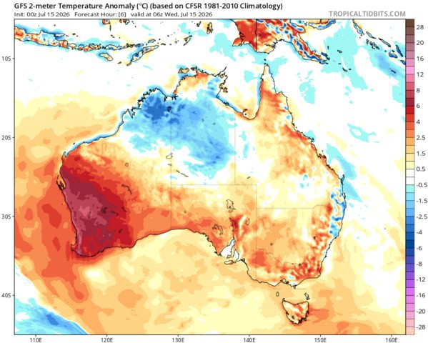 Image: Temperature anomalies across Australia at 2 pm (AWST) on Wednesday, July 15, 2026, showing the unseasonable warmth in southwest WA. Source: Tropical Tidbits