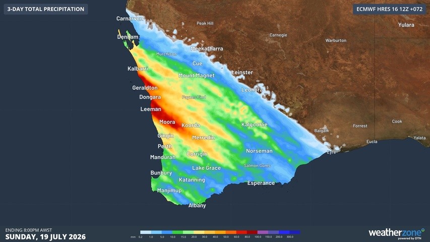 Image: Forecast rain during the 72 hours ending at 8pm AWST on Sunday, July 19, 2026. Source: Weatherzone.