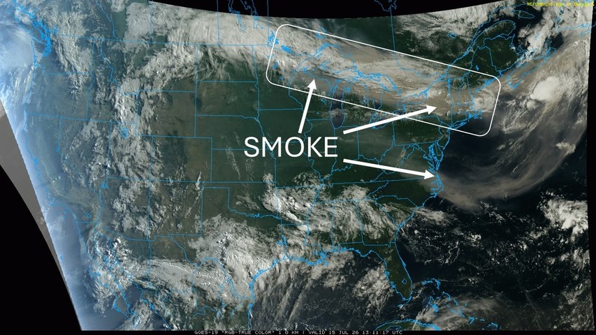 Image: Satellite image showing wildfire smoke partially obscured by clouds from the Canadian border to the Northeast. Source: College of DuPage