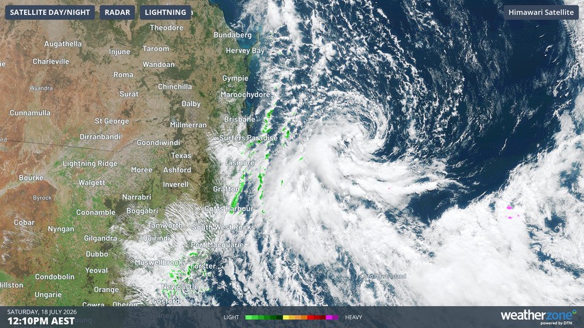 Image: Combined satellite and radar loop showing a low pressure system offshore of southeast Queensland on 12:10 pm AEST on Saturday, July 18, 2026.. Source: Weatherzone.
