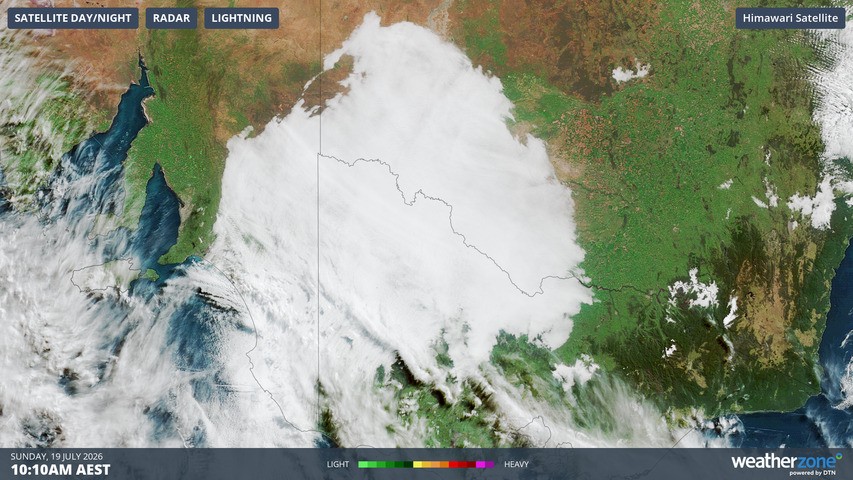 Image: Satellite image of a large fog patch lingering over inland parts of southeast Australia on 10:10 am AEST on Sunday, July 19, 2026.. Source: Weatherzone.