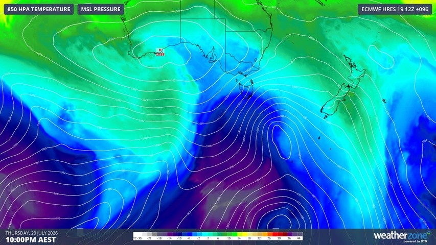 Image: Cold polar air extending towards Tasmania later this week. Source: Weatherzone.
