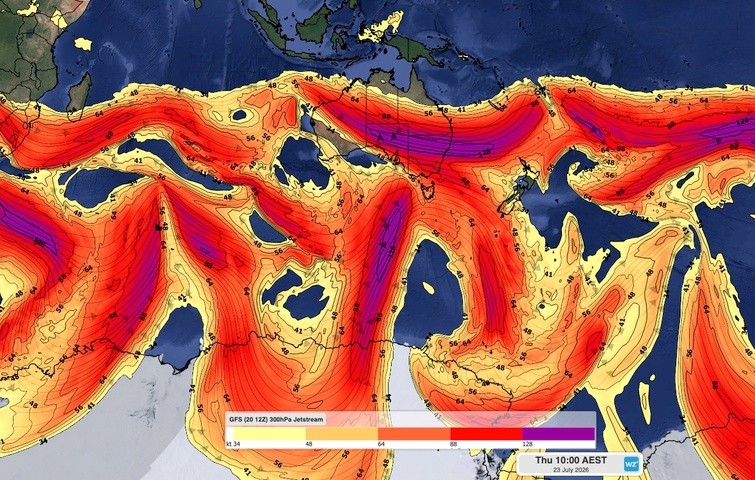 Image: Modelled 300 hPa jet stream winds at 10am AEST on July 23, 2026. Source: Weatherzone.