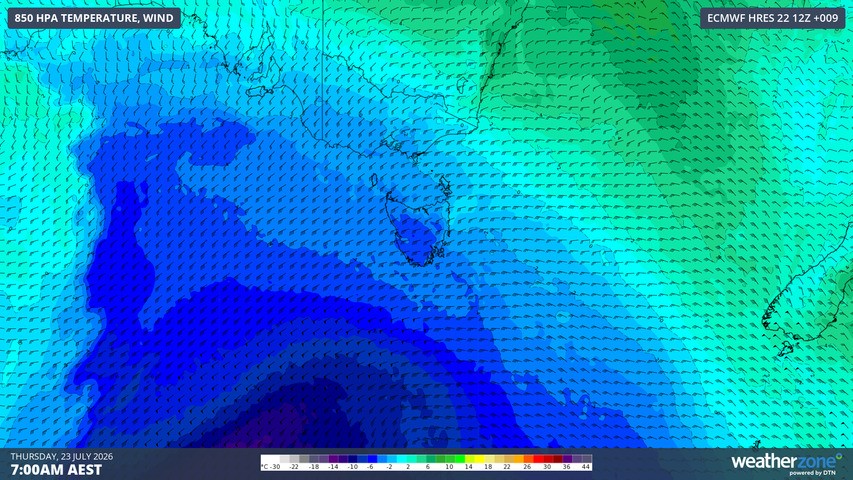 Image: 850 hPa temperatures and winds across Tasmania and SE Australia at 7 am (AEST) on Thursday, July 23, 2026. Source: Weatherzone