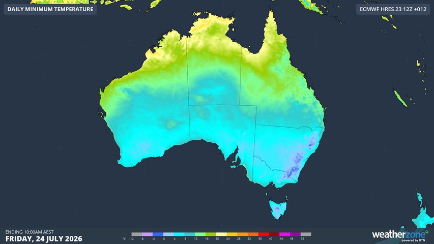 Image: Minimums across Australia on Friday July 24, 2026. Source: Weatherzone