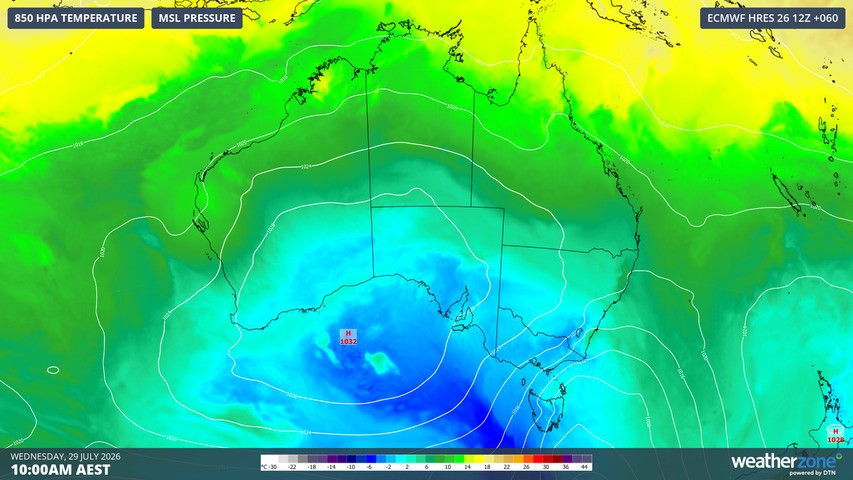 Image: Forecast 850 hPa temperatures and mean sea level pressure for Australia at 10 am (AEST) on Wednesday, July 29, 2026. Source: Weatherzone