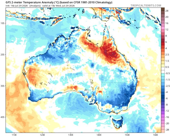 Image: Temperature anomaly at 2m above ground level for Australia at 4 am (AEST) on Wednesday, July 29, 2026. Source: Tropical Tidbits