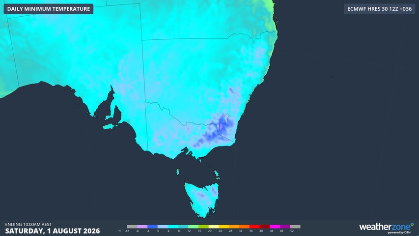 Image: Forecast minimums for southeastern Australia on Saturday, August 1, 2026, according to the ECMWF model. Source: Weatherzone