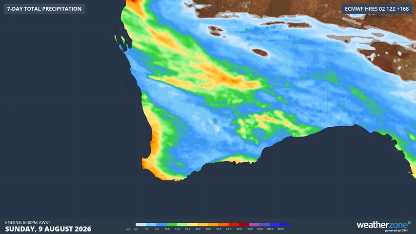 Image: Predicted rainfall accumulation over the 7 days to Sunday, August 9, 2026, according to the ECMWF model. Source: Weatherzone