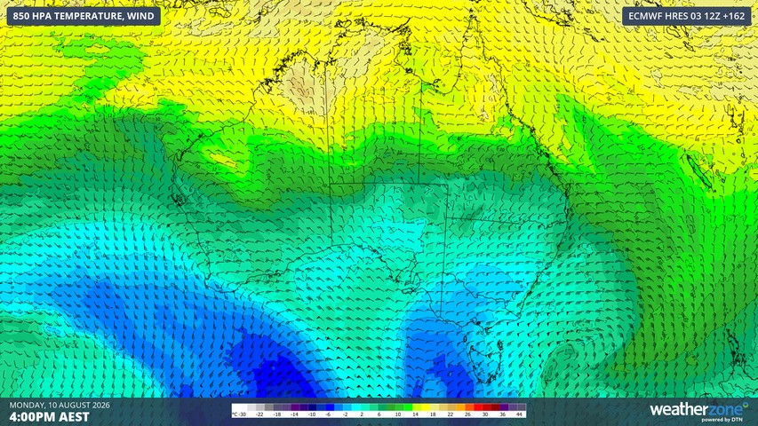 Image: 850 hPa temperatures and wind forecast for 10 am on Monday, August 10, 2026. Source: Weatherzone