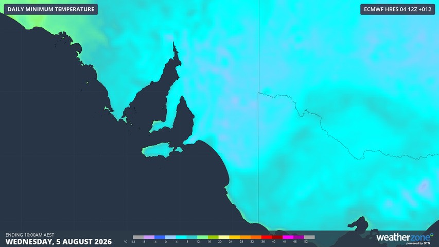 Image: Minimums across parts of SA, Vic and NSW on the morning of Tuesday, August 5, 2026. Source: Weatherzone