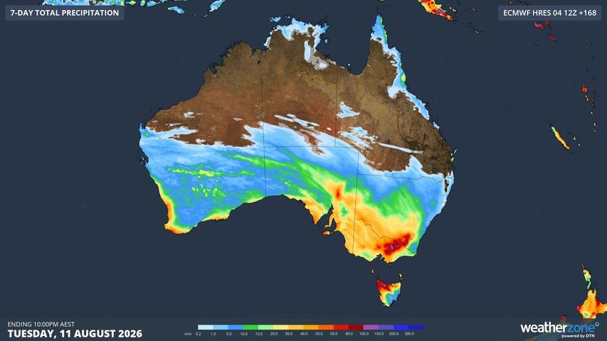 Image: Forecast accumulated rain during the seven days ending at 10pm AEST on August 11, 2026. Source: Weatherzone.