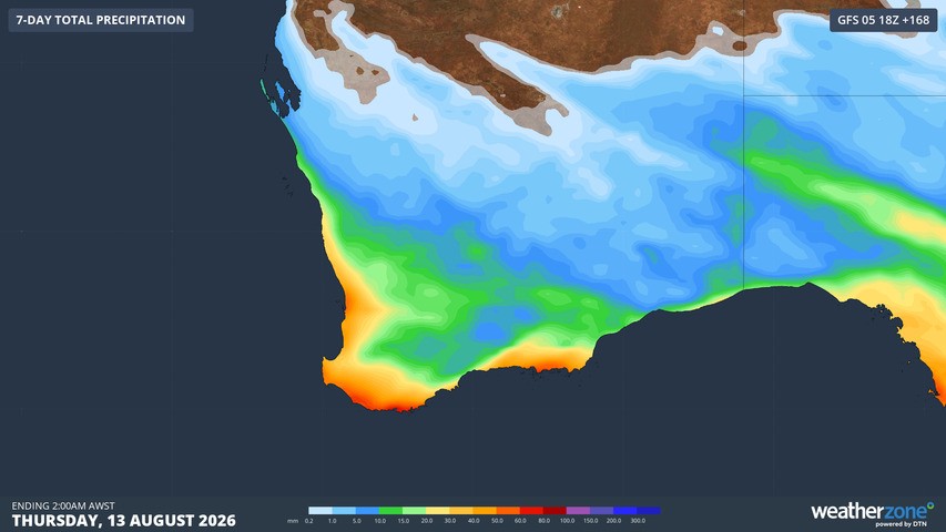 Image: Predicted rainfall totals up to 2 am on Thursday, August 13, 2026, according to the GFS model. Source: Weatherzone