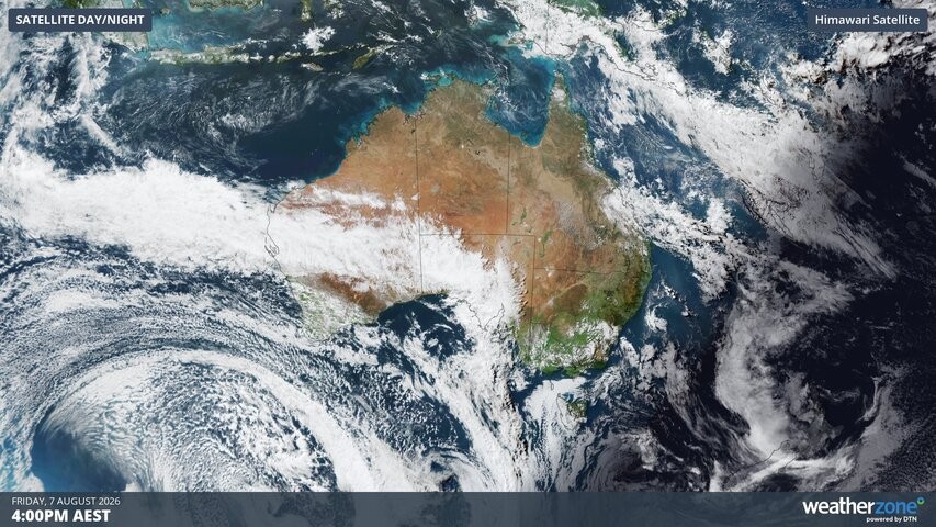 Image: Visible satellite image showing a northwest cloudband over Australia on Friday, August 7, 2026. Source: Weatherzone.