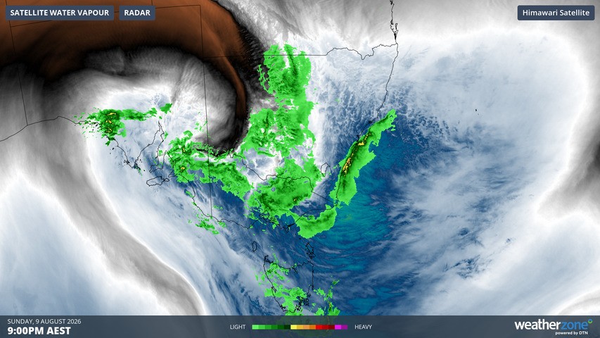 Image: Rain radar and atmospheric water vapour across SE Australia at 9 pm (AEST) on Sunday, August 9, 2026. Source: Weatherzone