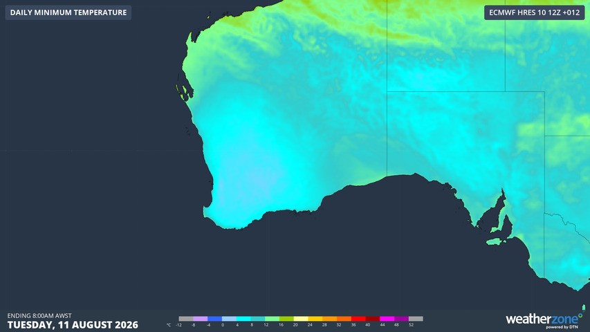 Image: Modelled minimum temperatures on Tuesday morning, according to the ECMWF model. Source: Weatherzone.