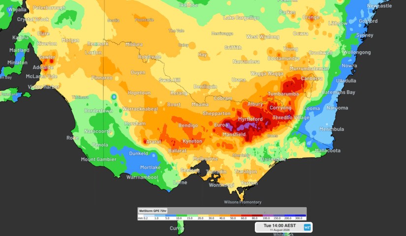 Image: Estimated accumulated rainfall during the 72 hours ending at 2pm AEST on Tuesday, August 11, 2026. Source: Weatherzone.