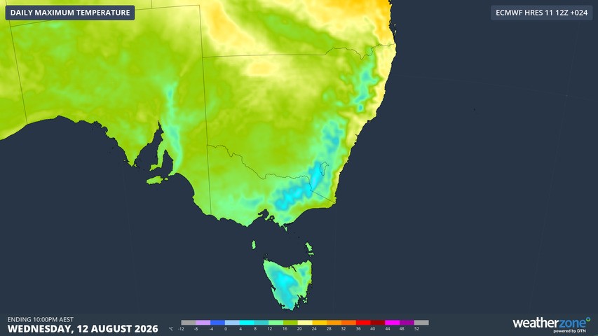 Image: Forecast maximum temperatures across SE Australia this Wednesday, August 12, 2026, according to the ECMWF model. Source: Weatherzone